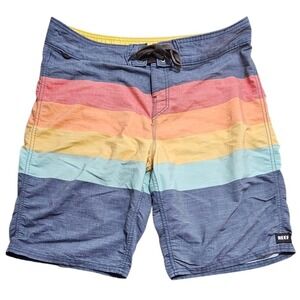 Reef Mens Boardshorts Blue Striped Rainbow Surf Swim Trunks Size 34